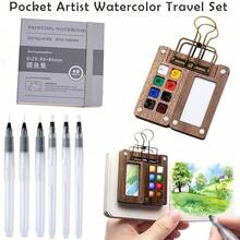 9pcs Mini Wooden Watercolor Kit, With 1 Grid 8/15 Grid Wooden Magnetic Palette Box, 6 Brushes, 1 Clip, 1 Portable Sketchbook - For Travel Watercolors,Back To School,School Supplies - Sets - View 1