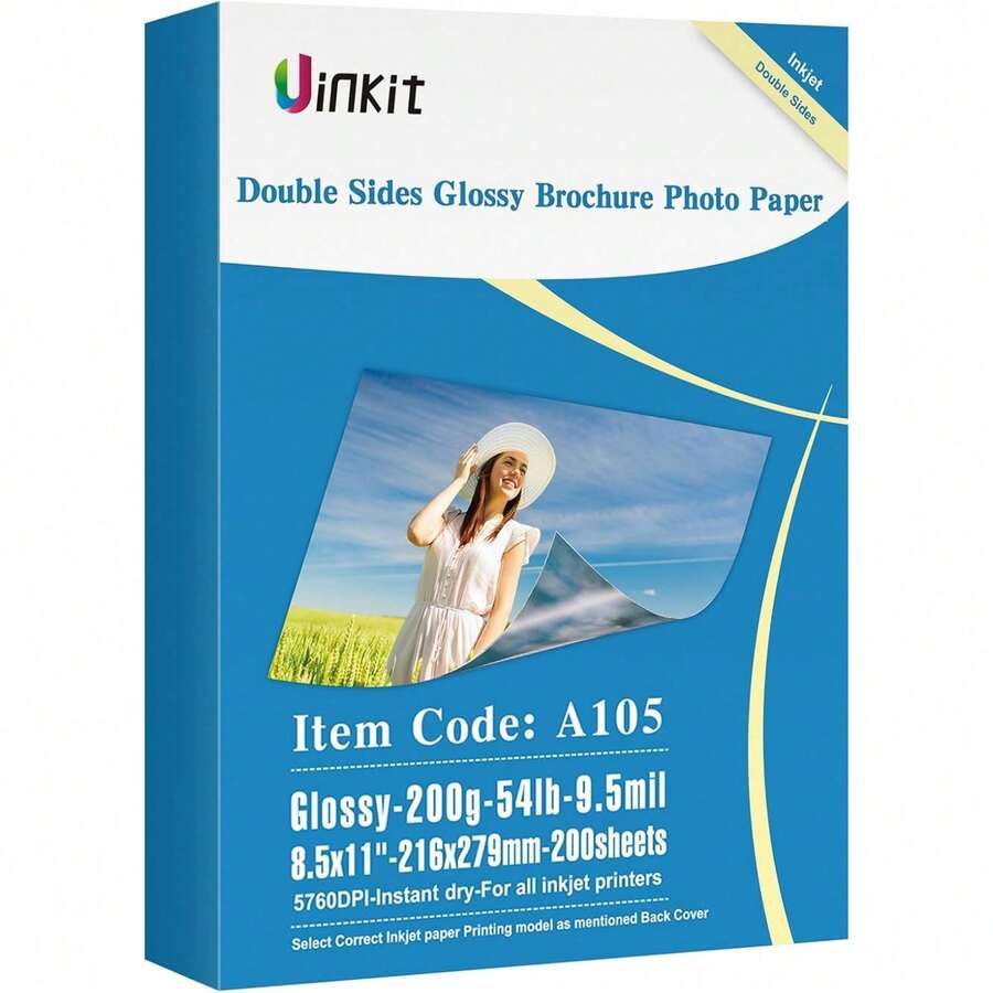 Uinkit 200 Sheets Double Sided Photo Paper Glossy 8.5x11 54lbs Inkjet For Dye Ink 200Gsm Value Bulk Pack Picture 8.5 X 11 9.5Mil For Inkjet Printing Printer - 白色 - 查看 1