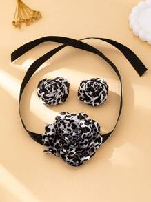 Set de 3 piezas de elegantes y encantadores pendientes, collar y joyería con estampado de leopardo y flores de rosa, adecuado para fiestas, banquetes, citas, regalo del Día de San Valentín para mujeres