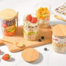 1/2pcs Transparent Glass Breakfast Jars With Bamboo Lids & Spoon, Layered Yogurt Cups With Spoon Holder, Reusable Overnight Oats Containers - Perfect For Yogurt, Oatmeal, Smoothie Bowls, Desserts & Snacks, Ideal For Meal Prep, Office Lunch, Travel, Leak-Proof Design Keeps Food Fresh, Easy To Clean, Essential For Health-Conscious People