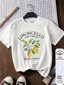 女士宽松柠檬酒印花T恤，100%纯棉，白色短袖图案T恤，中国新年，农历新年，马年，新年快乐，情人节，情人节礼物，送她的礼物，返校服装，校园穿搭灵感，返校必备单品，开学第一天穿搭，2026返校穿搭