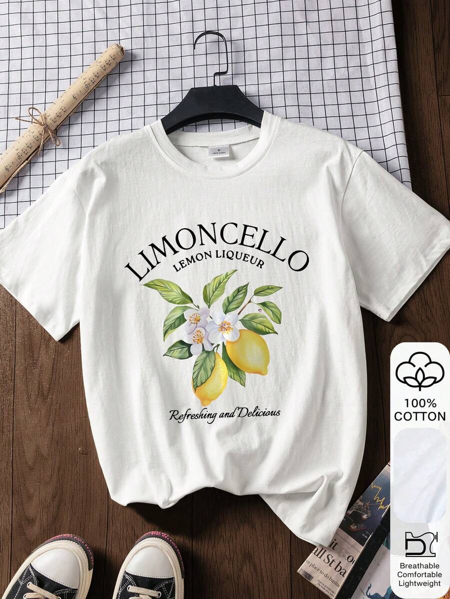 女士宽松柠檬酒印花T恤，100%纯棉，白色短袖图案T恤，中国新年，农历新年，马年，新年快乐，情人节，情人节礼物，送她的礼物，返校服装，校园穿搭灵感，返校必备单品，开学第一天穿搭，2026返校穿搭