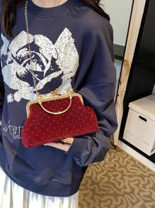 2025 New Rhinestone Chain Decor Evening Bag, Fashionable Handbag For Ladies, Shoulder Bag, Clutch, Sling Bag, Solid Color