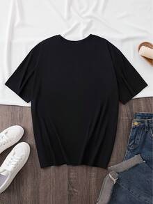 Camiseta de Manga Corta para Mujeres 100% Algodón, Ajuste Holgado, 200g, 1 Pieza, Estampado de Gato de Dibujos Animados, Top Casual para Mujeres, Cómoda para Todas las Estaciones, Adecuada para Verano y Primavera, Ajuste Holgado, Cuello Redondo, Sencilla, Ropa Casual - Negro - Ver 2