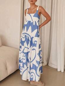 Summer Women's Festival Casual Casual Print Swing Ankle Skirt - 淺藍色 - 查看 3