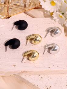 6 件时尚光滑水滴泪珠形耳环、耳环和吊坠套装，金色、银色和黑色，适合女性日常佩戴（无纸板包装） - 彩色 - 查看 5