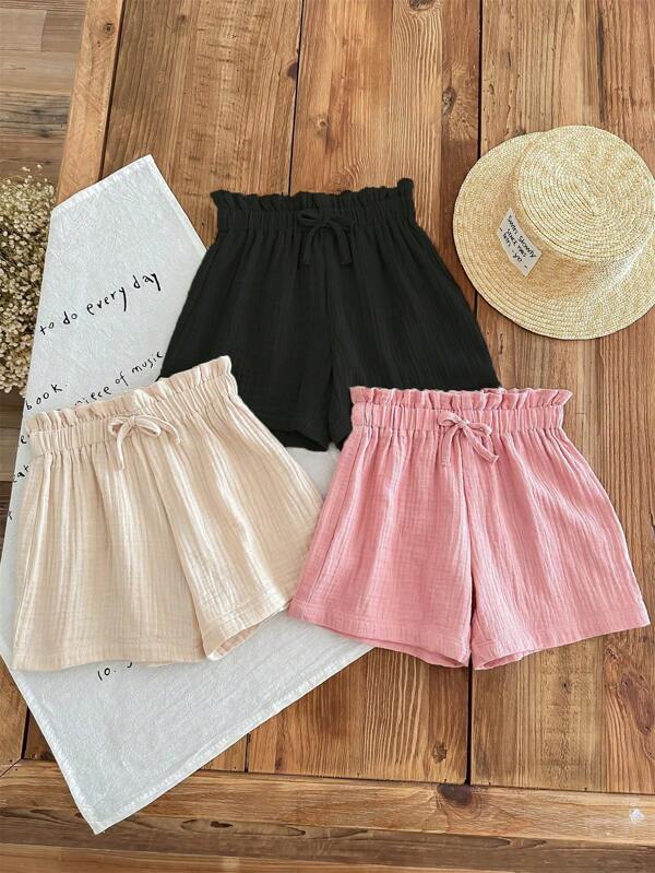 3PCs/Set Cotton Casual Shorts For Teenage Girls, Elastic Waist, Bowknot Decor, Breathable, Sweet Style, Summer