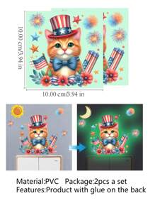 Set de 2 calcomanías de pared con diseño de gato que brillan en la oscuridad para el Día de la Independencia, pegatinas de pared de decoración de habitación