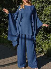 女士假日休闲优雅束腰蝙蝠袖宽松西装 - 藍色 - 查看 4