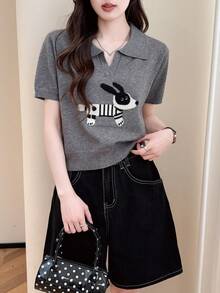 Rikumo Women's Funny Animal Print Turndown Collar Short Sleeve T-Shirt, Summer