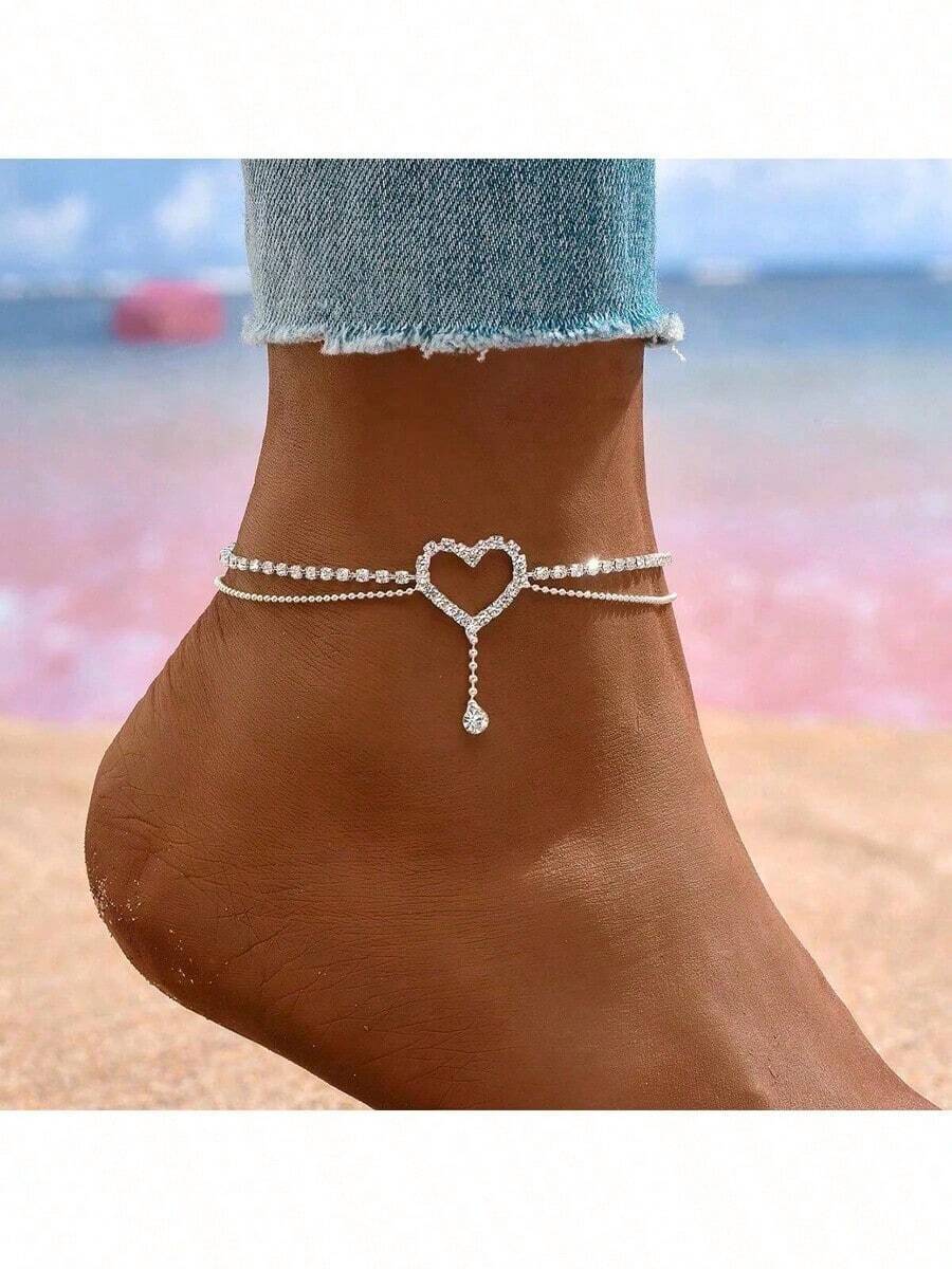 Adjustable Heart-Shaped Ankle Chain - Bohemian Tennis Ankle Chain With Diamond Crystal Layered Bead Design, Suitable For Women And Girls With Adjustable Summer Beach Jewelry, Minimalist Ankle Chain For Weddings/Beach Vacations | Crystal Heart-Shaped Ankle Chain Decorated With Pearl Chains