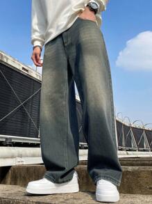 1 pieza Jeans hombre rectos y holgados con efecto desgastado y lavado vintage, pantalones vaqueros anchos y informales de estilo streetwear