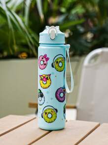 1pc 700ml/23oz Cartoon Donut Pattern Plastic Water Bottle, Children Plastic Water Cup With Lid, Lockable Design, Lanyard, Portable For School, Outdoor Sports, Camping, Picnic