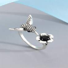 Vintage Retro Legierung Kolibri & Blumen Element Design offener Ring