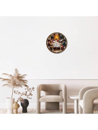 [10 16 Inch Silent Wooden Clock] Lively 10 Wand Klok "The Last Supper" Quiet Operation, Living Room, Bedroom, Kitchen, Office Ideal Baptism Featured The Supper Illustration, Large Size Room Bedroom Dormitory Back To School Surprise Home Supplies view 3