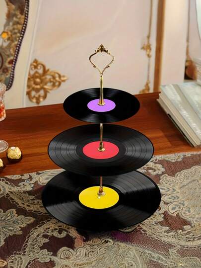 1 pieza Bandeja vintage de 3 niveles para exhibir discos de vinilo - Bandeja decorativa con tema de música retro y soporte elegante dorado, perfecta para bodas, cumpleaños, Acción de Gracias, San Valentín y decoración del hogar, soporte para discos de vinilo vintage