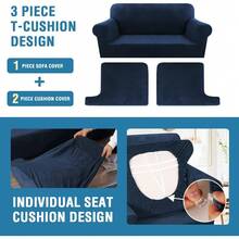 Sofa Cover 3 Piece T Cushion Loveseat Slipcovers Thick Velvet Couch Cover Stretch T Cushion Sofa Covers For 2 Cushion Couch With 2 Individual T Cushion Covers Washable, Stone Blue - 海軍 - 查看 11