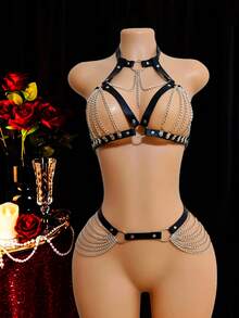 Gothic Style Women's Tasseled Chain Bondage Double Buckle Waist Cincher Belt Set, Faux Leather Roleplay Accessories, Rave - Black - View 10