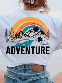 Summer Adventure Print T-Shirt, "Seek Adventure", Suitable For Camping, Hiking, Nature Lovers, Adventure Enthusiasts