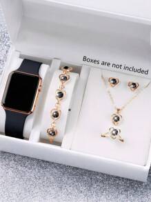 Relógio eletrônico quadrado com visor digital LED, clássico, romântico e elegante para meninas, 6/1 peça, adequado para meninas usarem, equipado com pulseira de joias, colar, anel, conjunto de brincos, adequado para estudantes, perfeito para o dia a dia, como escola, festas e viagens, muito adequado para presentear amigos, presentes de aniversário, temporada de formatura, é o presente perfeito para meninas