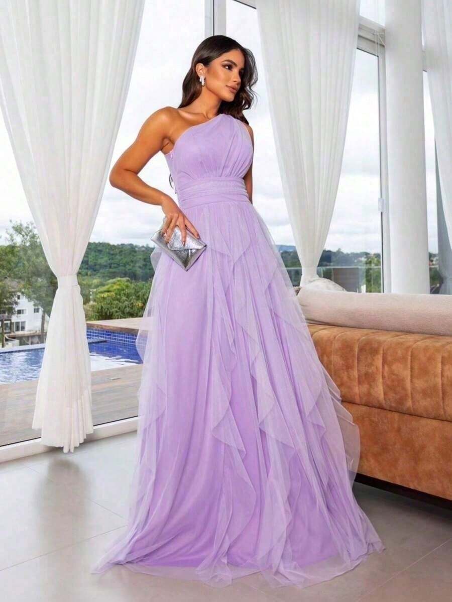 LONG PARTY DRESS WEDDING BRIDESMAIDS GRADUATES ONE SHOULDER CASCADE SKIRT GRADUATION - Màu Lilac Tím - Xem 1
