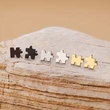 6 Pcs Minimalist Stainless Steel Puzzle-Shaped Mini Earrings, Featuring A Unique And Cute Puzzle Design, Suitable For Women To Wear Daily And At Parties, A Great Gift For Friends