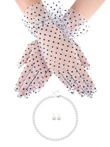 Conjunto de 3 piezas D EXCEED Elegante traje de fiesta de té estilo años 50 vintage para mujer con guantes de encaje y accesorios de perlas falsas | Atuendo para boda, fiesta de disfraces | Disfraz de Halloween, regalo para baile de graduación para mujeres