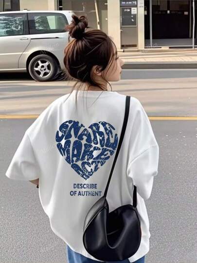 女式白色短袖 T 恤，宽松圆领百搭心形印花上衣，夏季