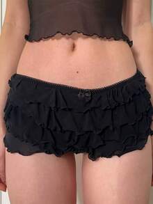Y2k Multi-Layers Ruffle Sheer Shorts Edge Waistband Bow Low Waist Micro Pants Fairy Coquette 00s Cute Mini Shorts Rave Party - 黑色 - 查看 1
