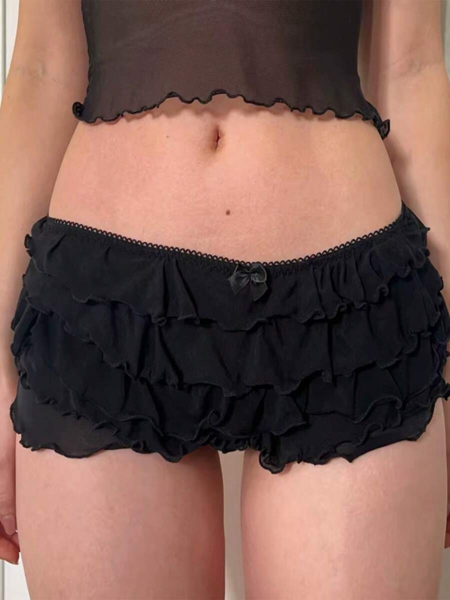 Y2k Multi-Layers Ruffle Sheer Shorts Edge Waistband Bow Low Waist Micro Pants Fairy Coquette 00s Cute Mini Shorts Rave Party - 黑色 - 查看 1