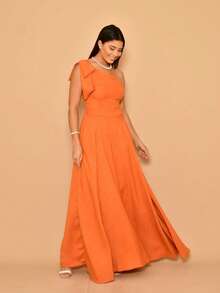 Helena Long Dress Luxury Plain Duna Linen With Bow One Shoulder - terra conta - 查看 1