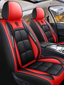 Chic Black & Red Contrast Faux Leather 5-Seater Full Coverage Car Seat Covers (5PCS) - Emblem & Lettering Design Universal Fit Auto Seat Protectors - Red and Black Five Seats - View 1