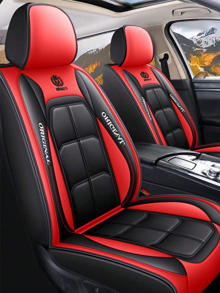 Chic Black & Red Contrast Faux Leather 5-Seater Full Coverage Car Seat Covers (5PCS) - Emblem & Lettering Design Universal Fit Auto Seat Protectors - Red and Black Five Seats - View 1