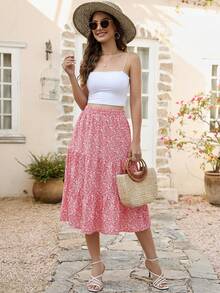 Frenchy 女式碎花荷叶边下摆中长裙，夏季女式半身裙，飘逸粉色半身裙