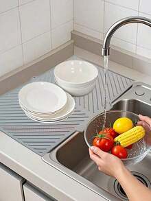 1 件，硅胶碗碟干燥垫，厨房水槽台面沥水垫，防滑耐热易清洁餐具用具干燥垫，可折叠多用途三脚架垫，灰色，用于厨房整理、柜台保护器、乔迁礼物。 - 彩色 - 查看 3