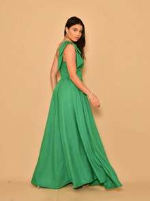 Helena Long Dress Luxury Plain Duna Linen With Bow One Shoulder - 綠色 - 查看 5