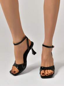 Sandalias de tacón alto con puntera cuadrada para mujer, diseño de puntera abierta sexy, cierre de cordones ajustable, zapatos de tacón de moda de verano