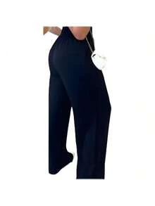 Women's High Waist Wide Leg Pants With Pocket - Hitam - View 3