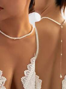1PC Sexy Faux Pearl Golden Tassel Back Chain Is For Women, The Elegant Faux Pearl Y-Shaped Long Necklace Is For Women, The Fashionable And Pure White Wedding Party Jewelry Is For Women, The Back Chain Suitable For Women To Wear With Evening Gowns And Skirts, And For Women To Wear At Parties
