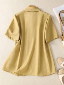 Women's Solid Color Knot Detail Lapel Shirt With Pocket & Button-Front - Stylish Short Sleeve Blouse For Dating Night, Festive Events, Daily Wear & Travel (Spring Summer Fall)