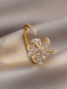 1pc Fashion Ins Style Luxury Brass Alloy Zirconia Star Windmill Decor Rotatable Adjustable Ring, Suitable For Women Daily/Party Wear, Gift For Girlfriend/Bestie - Rotating Windmill Ring - View 4