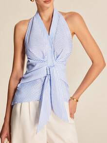 1 Stück Damen gestreiftes gewebtes rückenfreies Bluse mit Knoten-Schleife, asymmetrisch, lässiger Frühlings- und Sommerlook