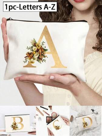 An Upgraded And Enlarged Simple Makeup Storage Bag With A Zipper And Golden Letter Patterns, Which Can Also Be Used As A Multifunctional Toiletry Wash Bag (Random Zipper Direction), Is Suitable For Women To Store Cosmetics And Organize Beauty Products In University Dormitories.Travel Essentials Vacation Summer Holiday Back To School School Stuff Bag For School Wash Bag Travel