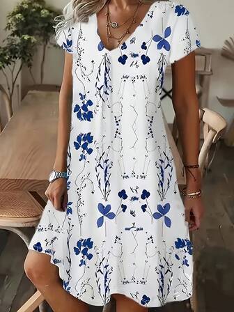 Women Elegant V-Neck Short Sleeve Floral Print Dress - Machine Washable, Casual & Semi-Formal Wear All Season, White Botanical Graphic Dress, Comfortable Fit