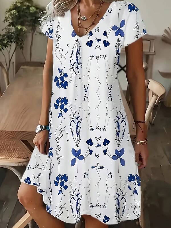 Vestido de mujer elegante de cuello en V, manga corta, estampado floral - lavable a máquina, uso casual y semi-formal en todas las estaciones, vestido con estampado botánico blanco, ajuste cómodo