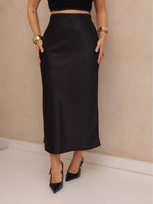 YING ZI Elegant Mode Long Formal Skirt - Black - View 1