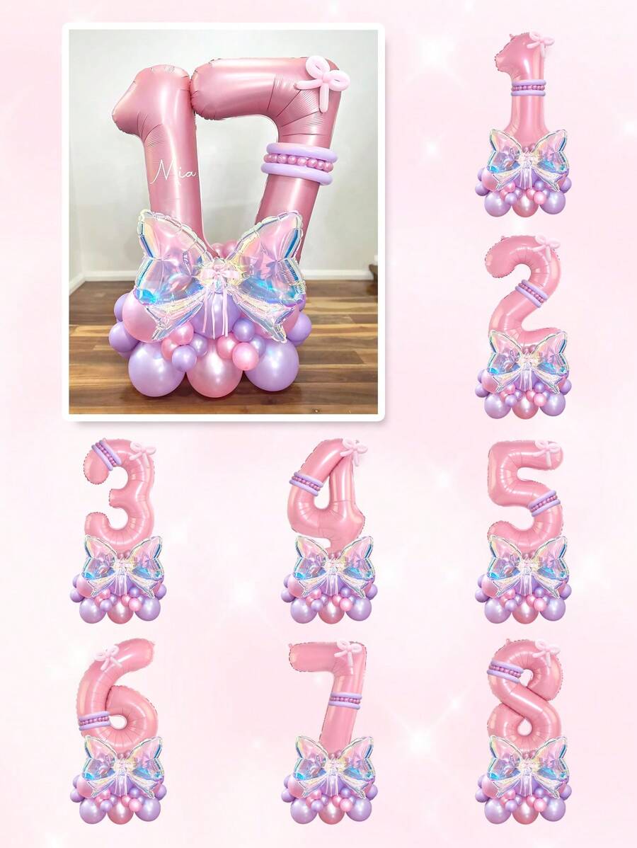 Set de 25/26 globos con forma de lazo transparente arcoíris, incluye lazos de mariposa de foil láser transparente de colores, globos de números 1-18 en rosa pastel, globos de látex en rosa perla y morado, para decoración de mariposas, cumpleaños, San Valentín, fiesta de cumpleaños familiar, boda, sesión de fotos, fiesta de cumpleaños de princesa, despedida de soltera, aniversario, té, fiesta temática de ratón rosa y negro, decoración de cumpleaños rosa