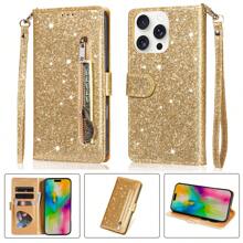 Glitter Zipper Wrist Strap Wallet Card Holder Solid Color Flip Phone Case Suitable For IPhone 16, Galaxy S25, Xiao Mi 14