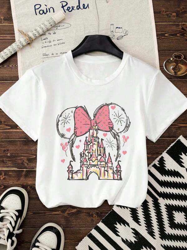 Disney Women's New Round Neck Short Sleeved Summer, Casual Cartoon Pattern Printed Round Neck T-Shirt, Sweet And Gentle Temperament, Slim And Comfortable Summer Tops, Suitable For Daily Casual Wear, Graphic Tees Women,Summer Outfits For Women