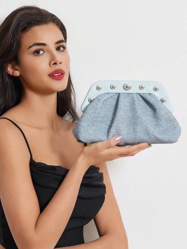 Bolso de embrague para mujer - Bolso de noche PU texturizado de mezclilla con cuentas plateadas, bolso elegante para bodas, fiestas, bailes de graduación, eventos formales y ocasiones de negocios